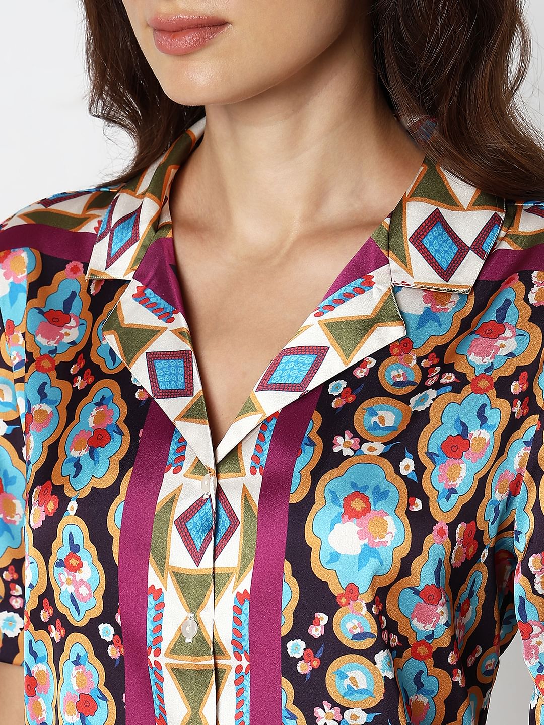 Purple Abstract Print Satin Shirt