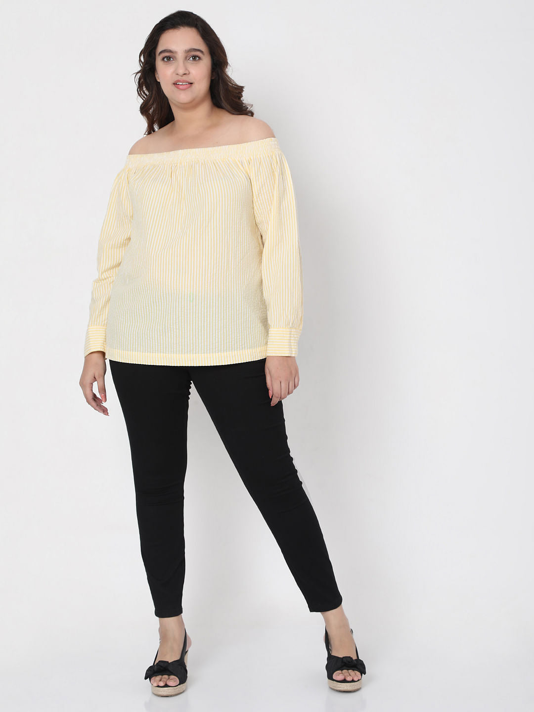 Curve Yellow Off Shoulder Striped Top