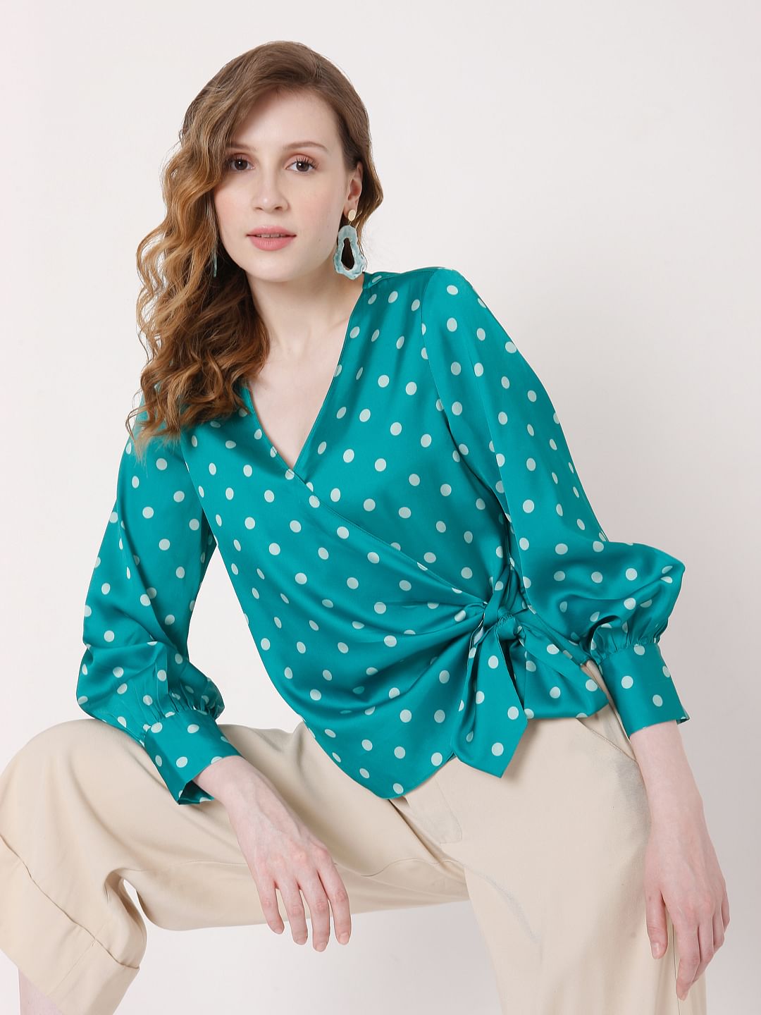 Teal Polka Dot Wrap Top
