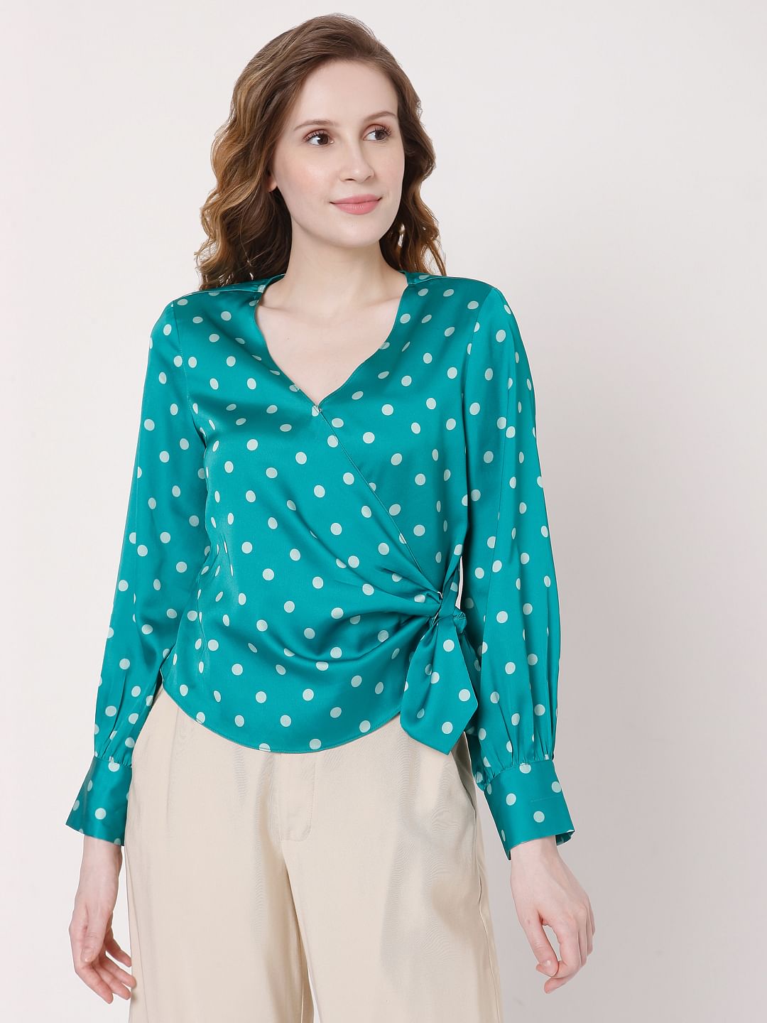Teal Polka Dot Wrap Top