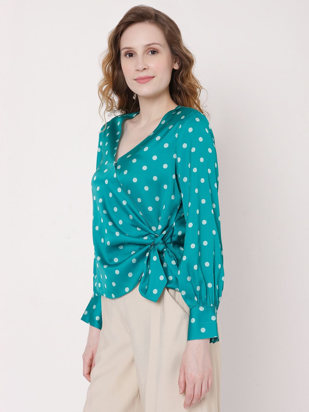 Teal Polka Dot Wrap Top