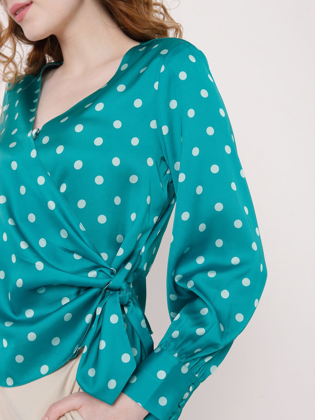 Teal Polka Dot Wrap Top