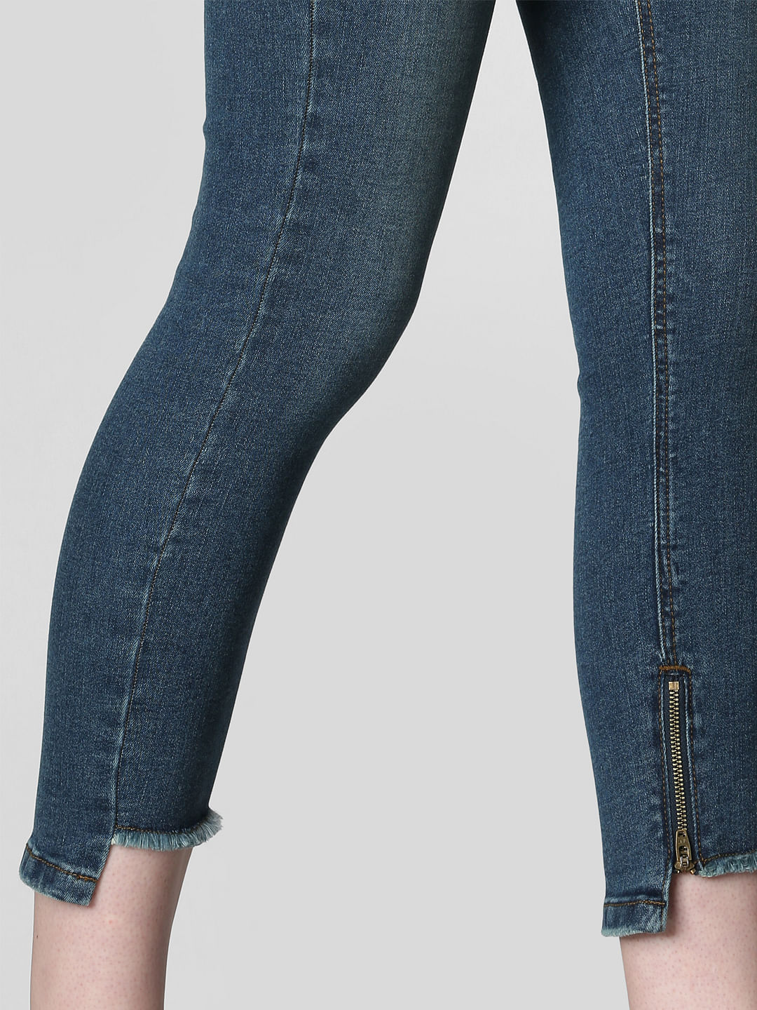 Blue Mid Rise Frayed Hem Skinny Jeans