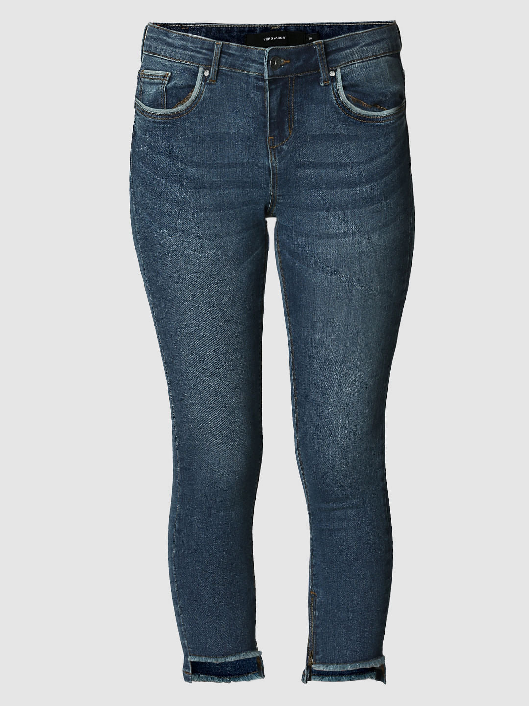 Blue Mid Rise Frayed Hem Skinny Jeans