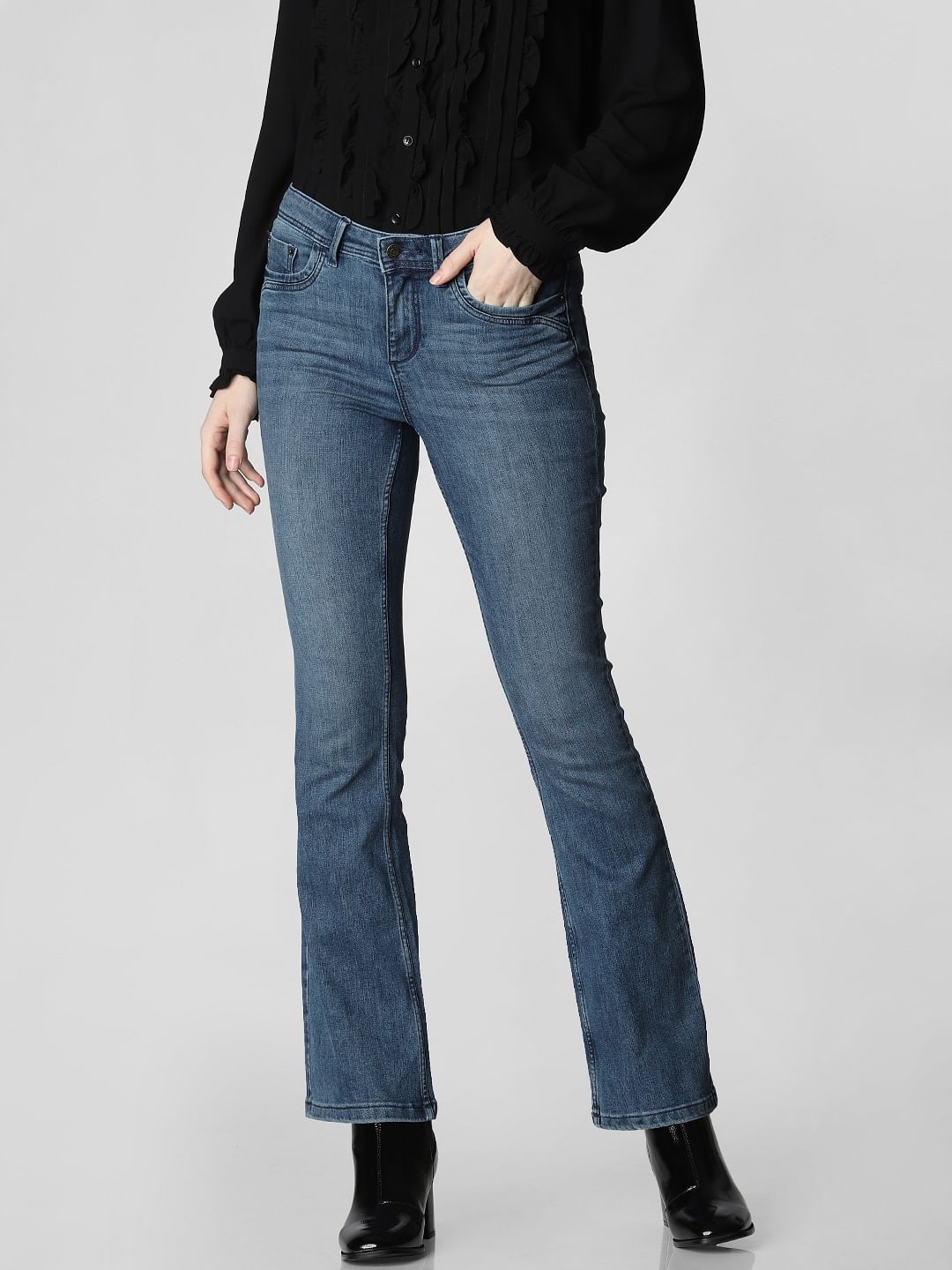 Blue Mid Rise Boot Cut Jeans