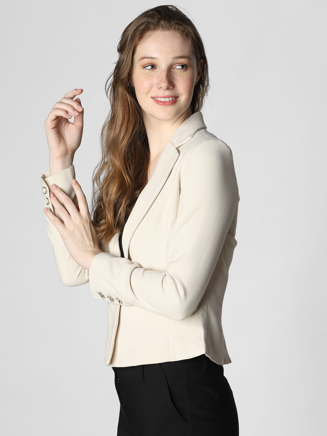 Beige Single Button Formal Blazer