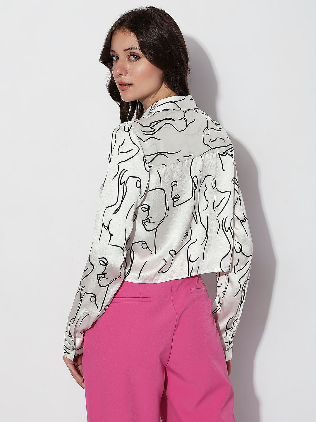 White Graphic Print Cropped Shirt