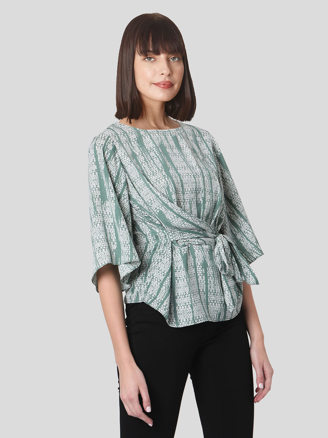 Green Geometric Print Wrap Top