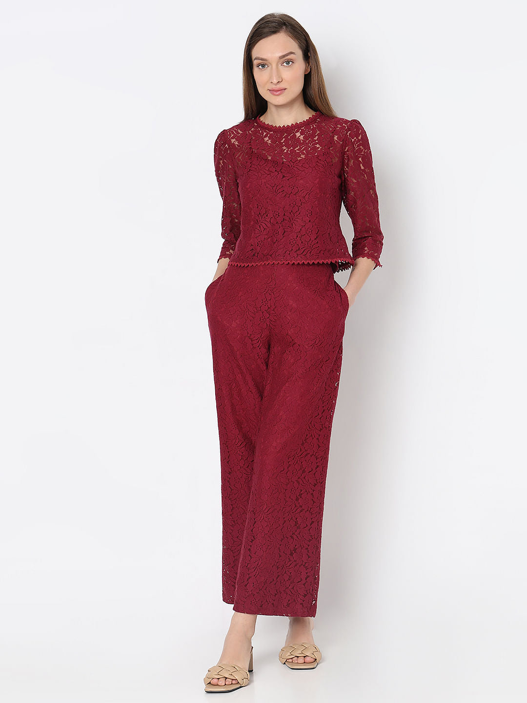 Maroon Lace Co-Ord Set Top