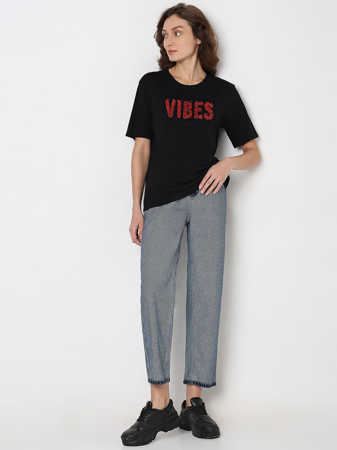 Black Textured Embroidery T-Shirt