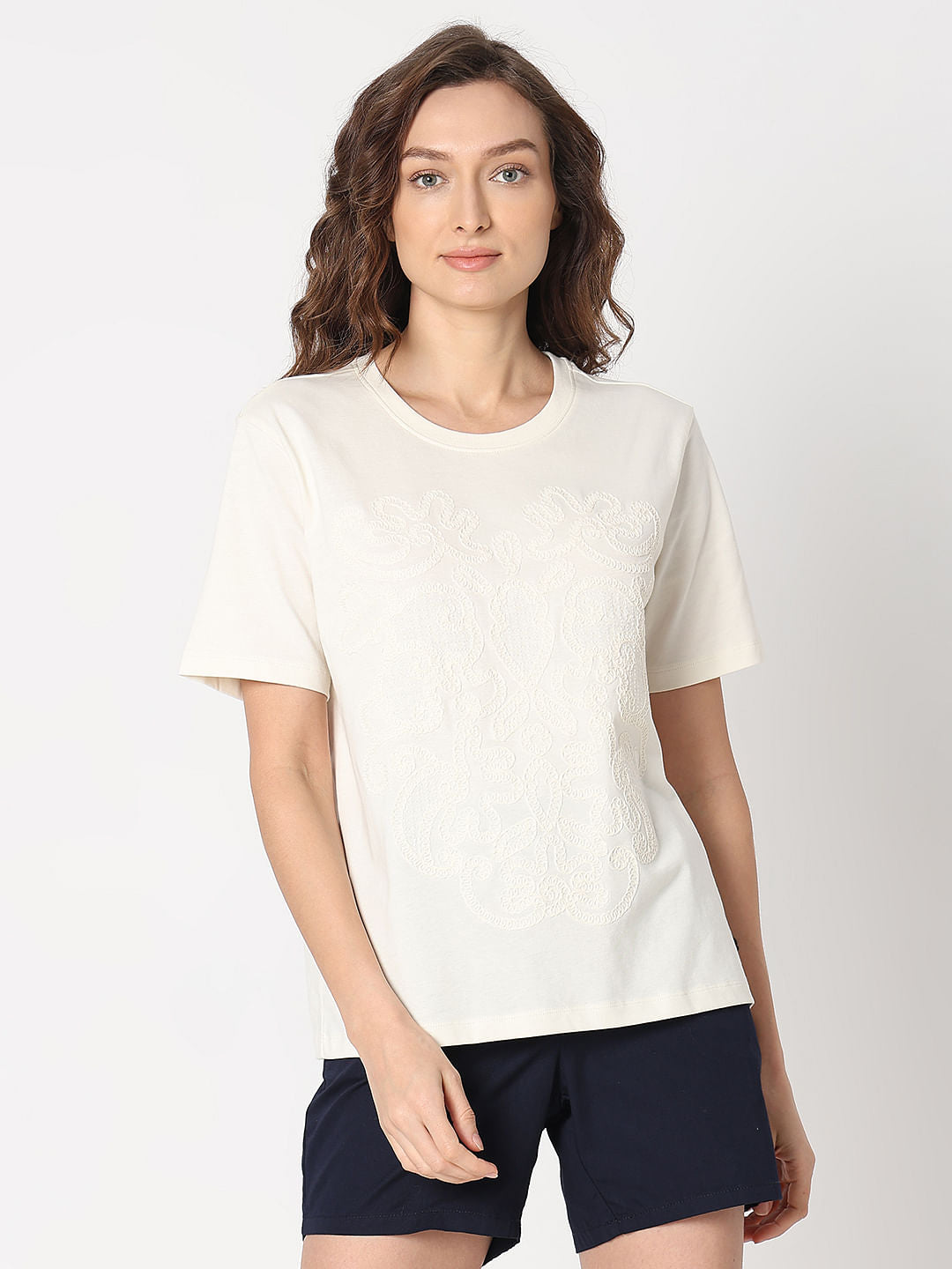 White Cotton Embroidered T-Shirt