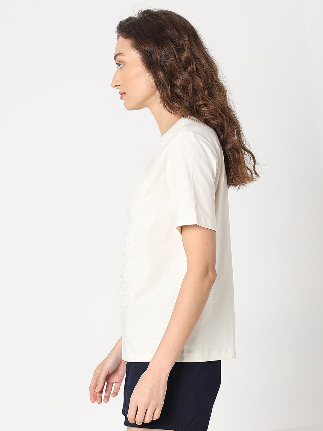 White Cotton Embroidered T-Shirt