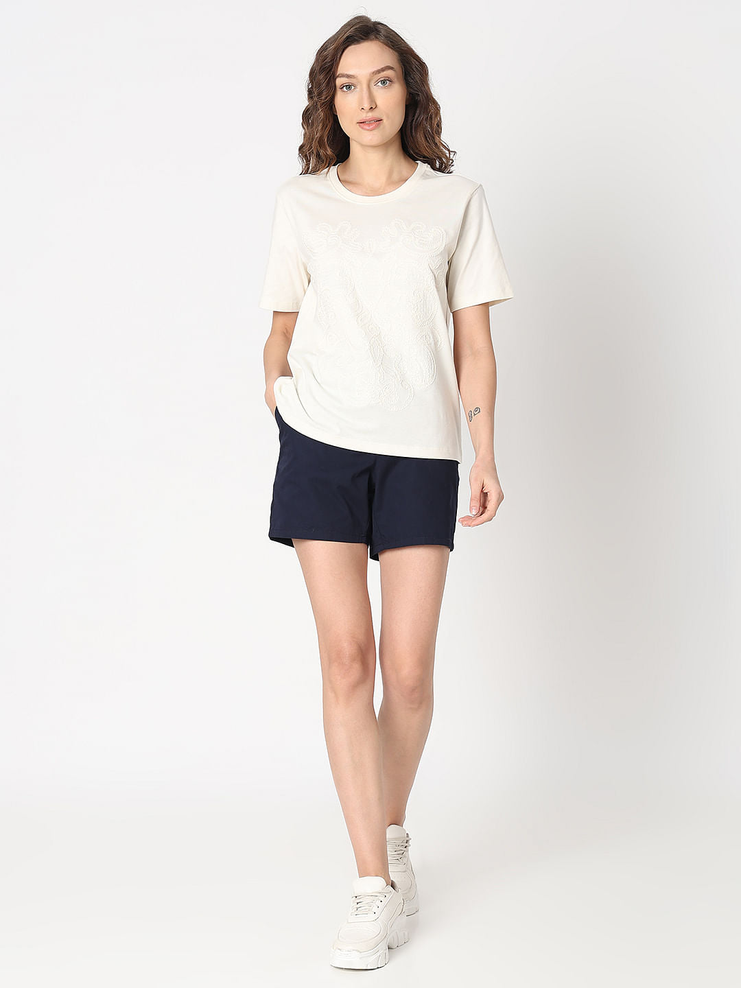 White Cotton Embroidered T-Shirt