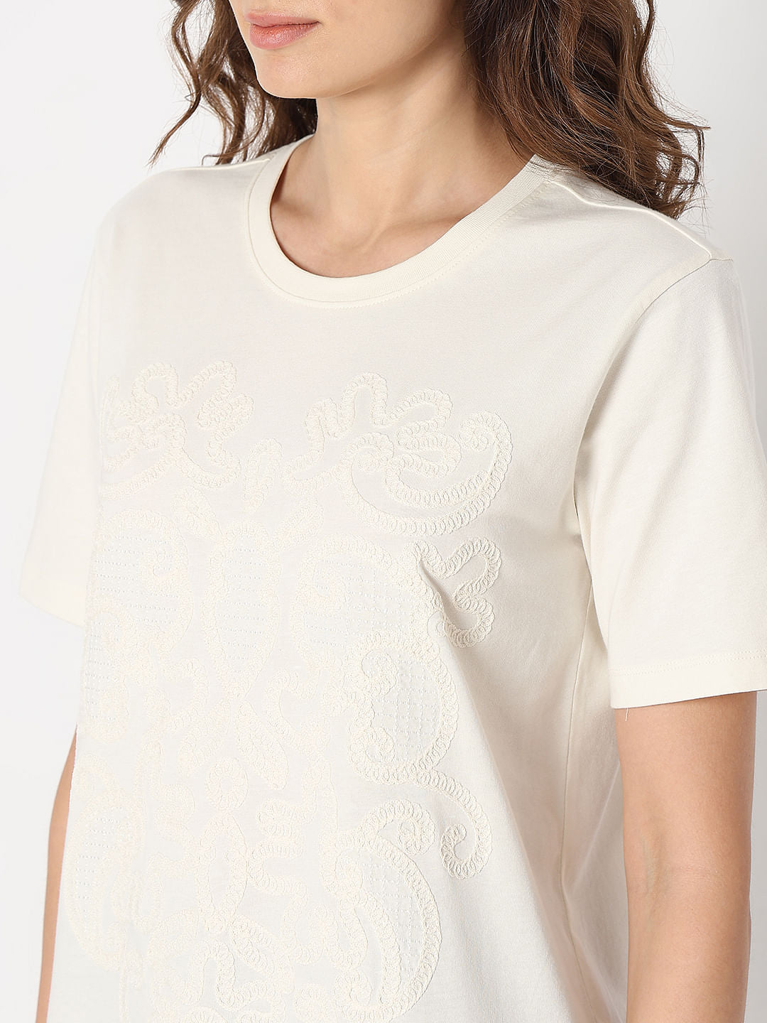 White Cotton Embroidered T-Shirt