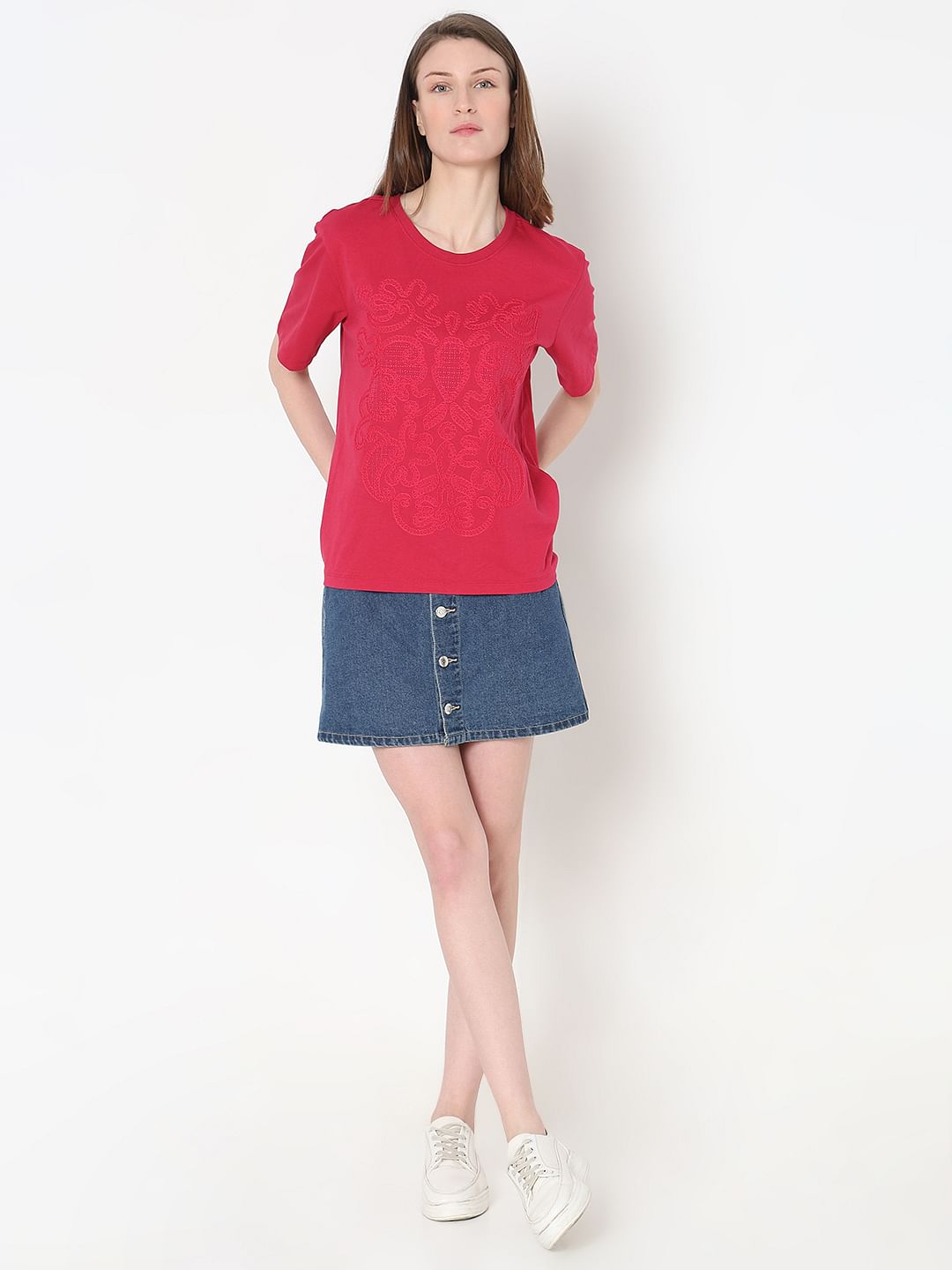Pink Embroidered Cotton T-Shirt