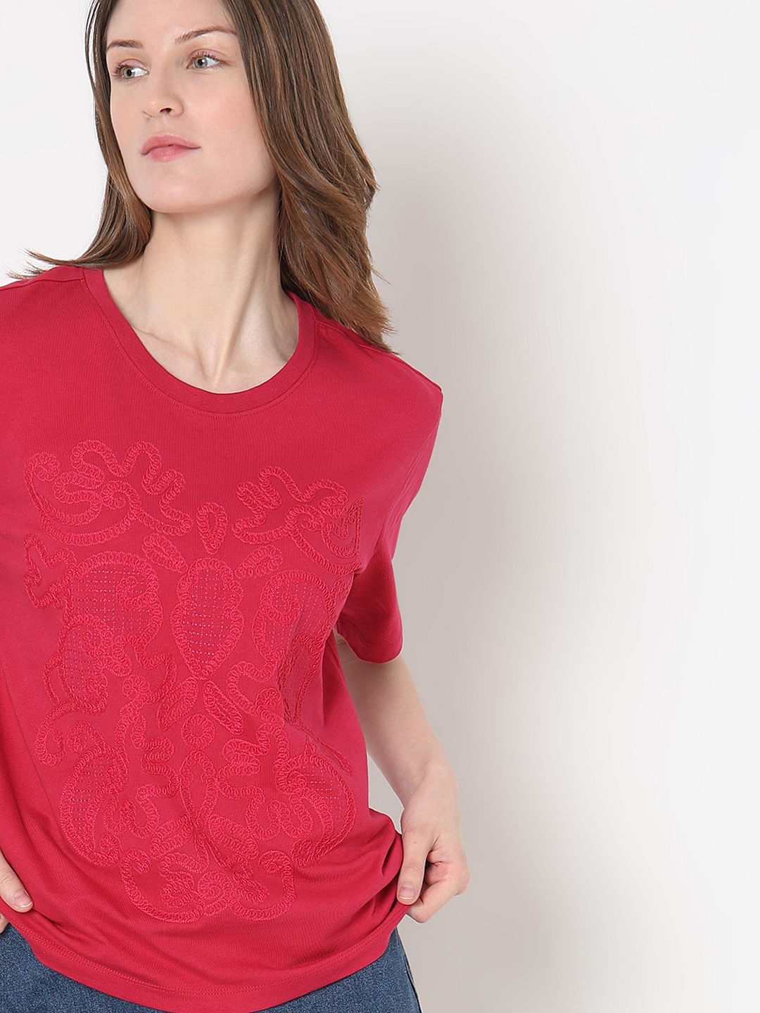 Pink Embroidered Cotton T-Shirt