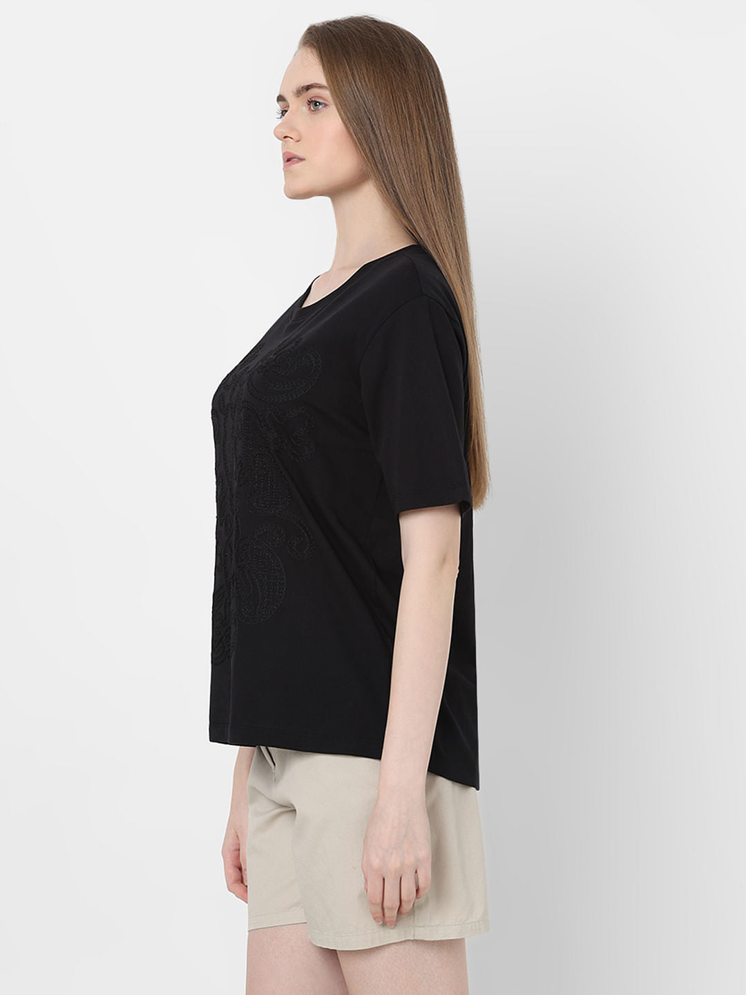 Black Embroidered Cotton T-Shirt