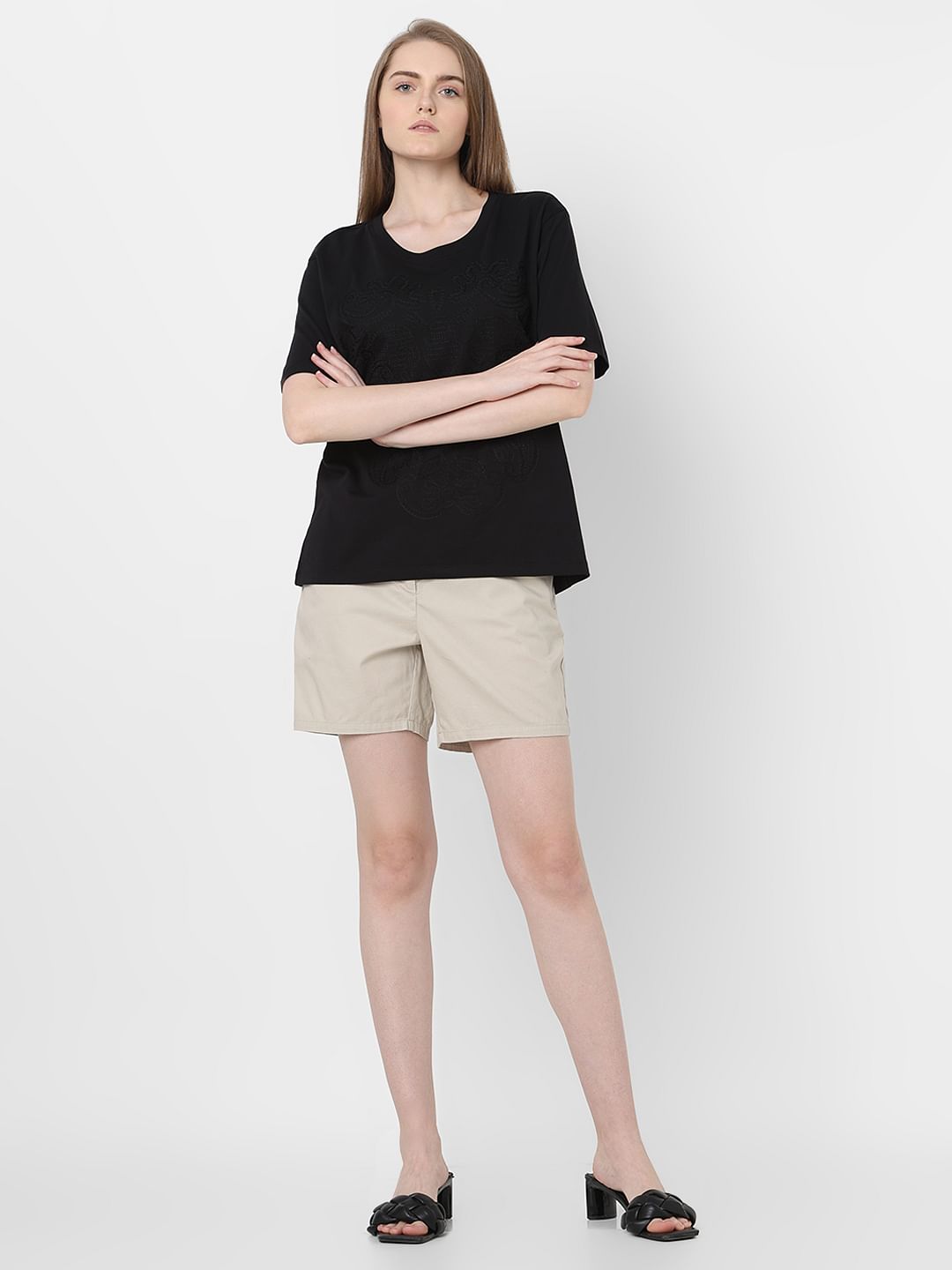 Black Embroidered Cotton T-Shirt