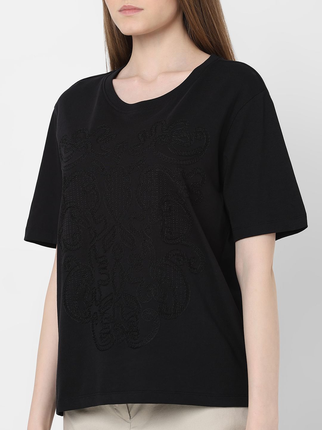 Black Embroidered Cotton T-Shirt
