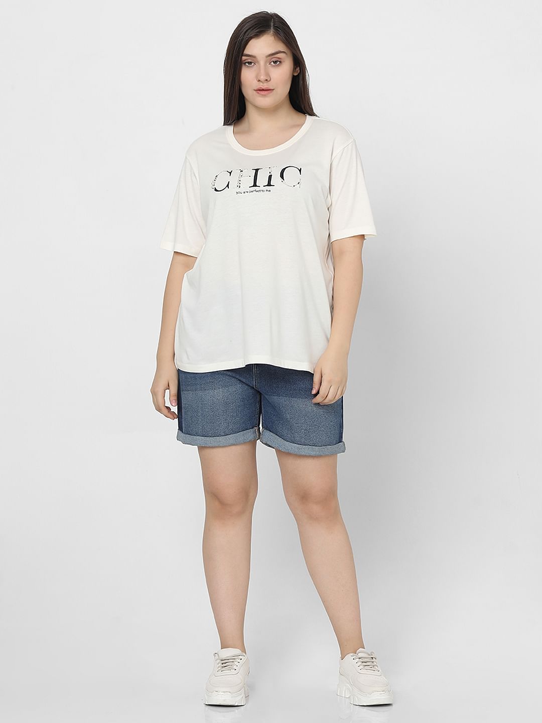 Curve White Pearl Embellished T-Shirt
