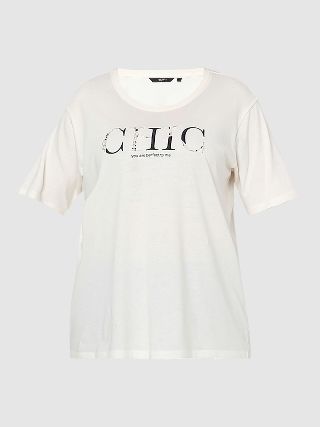 Curve White Pearl Embellished T-Shirt