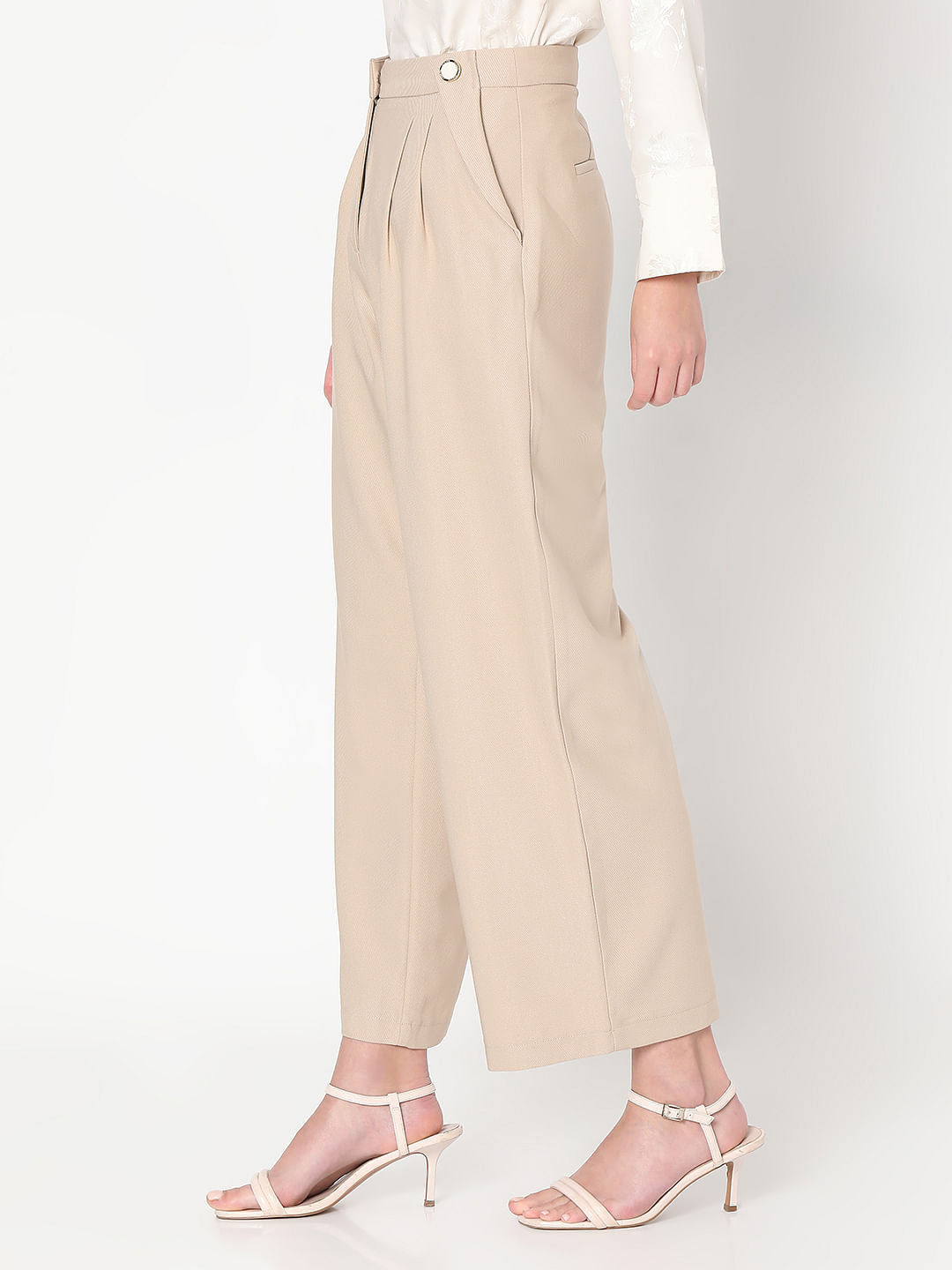 Beige Pearl Button Wide Leg Pants