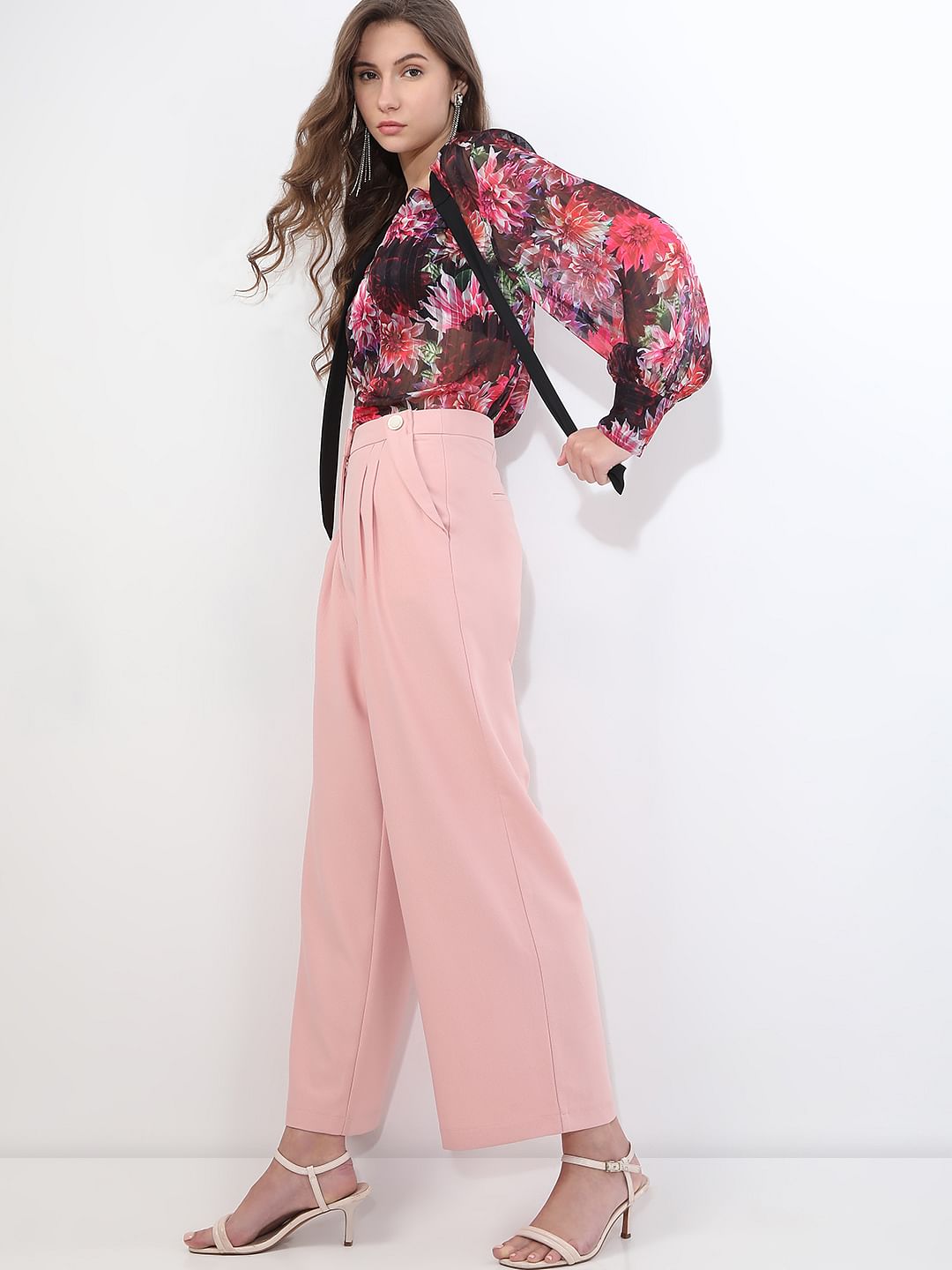 Pink Pearl Button Wide Leg Pants