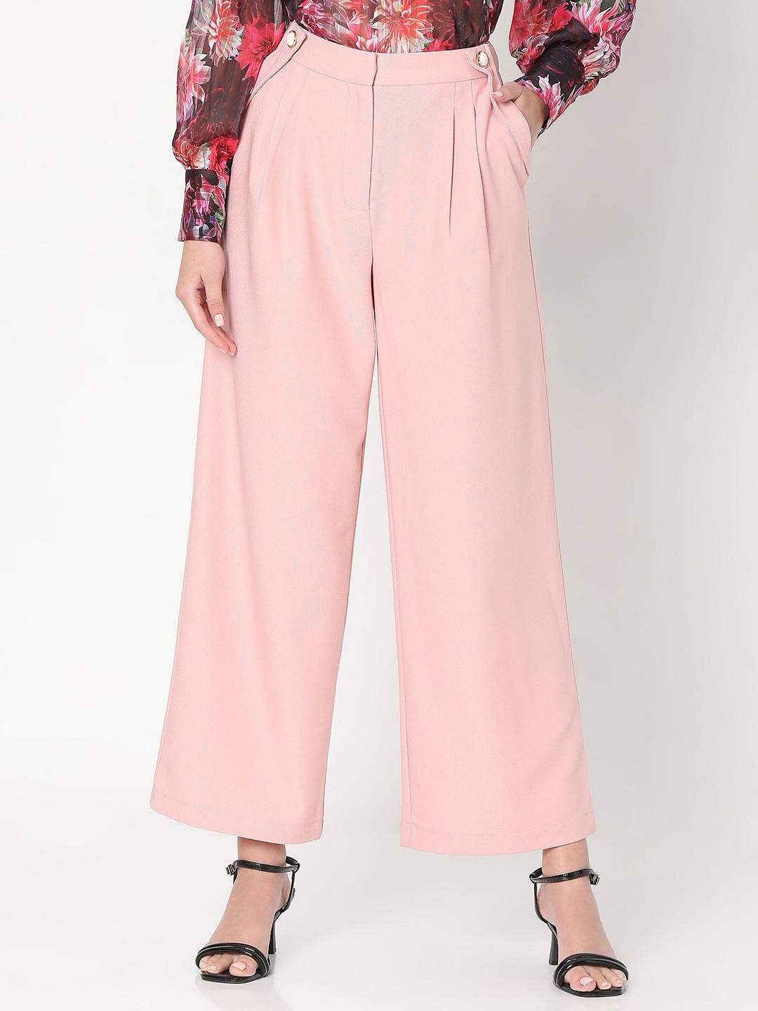 Pink Pearl Button Wide Leg Pants