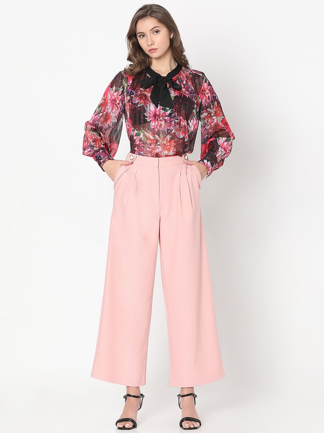Pink Pearl Button Wide Leg Pants
