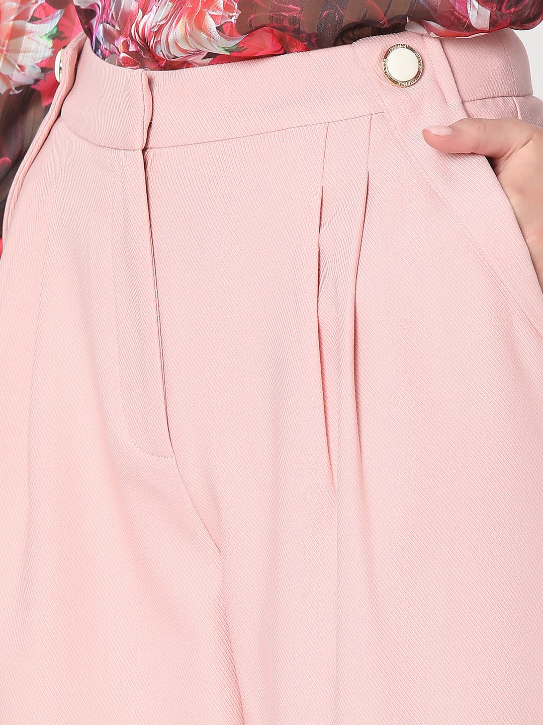 Pink Pearl Button Wide Leg Pants