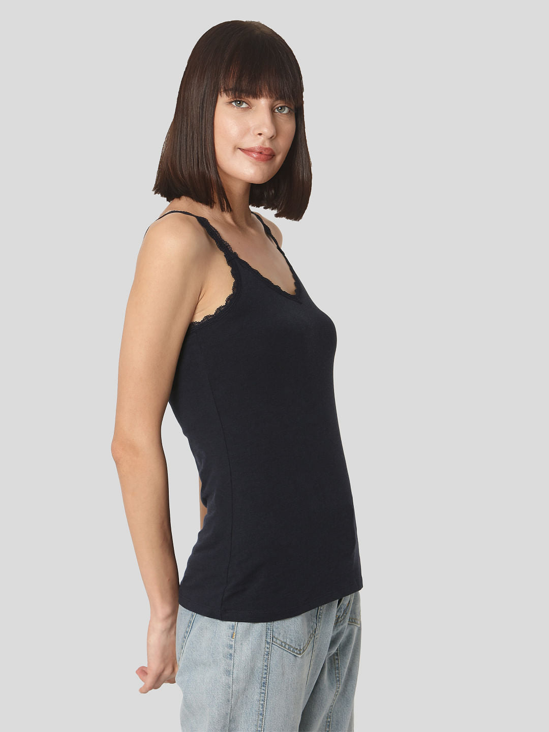 Navy Blue Lace Trim Singlet