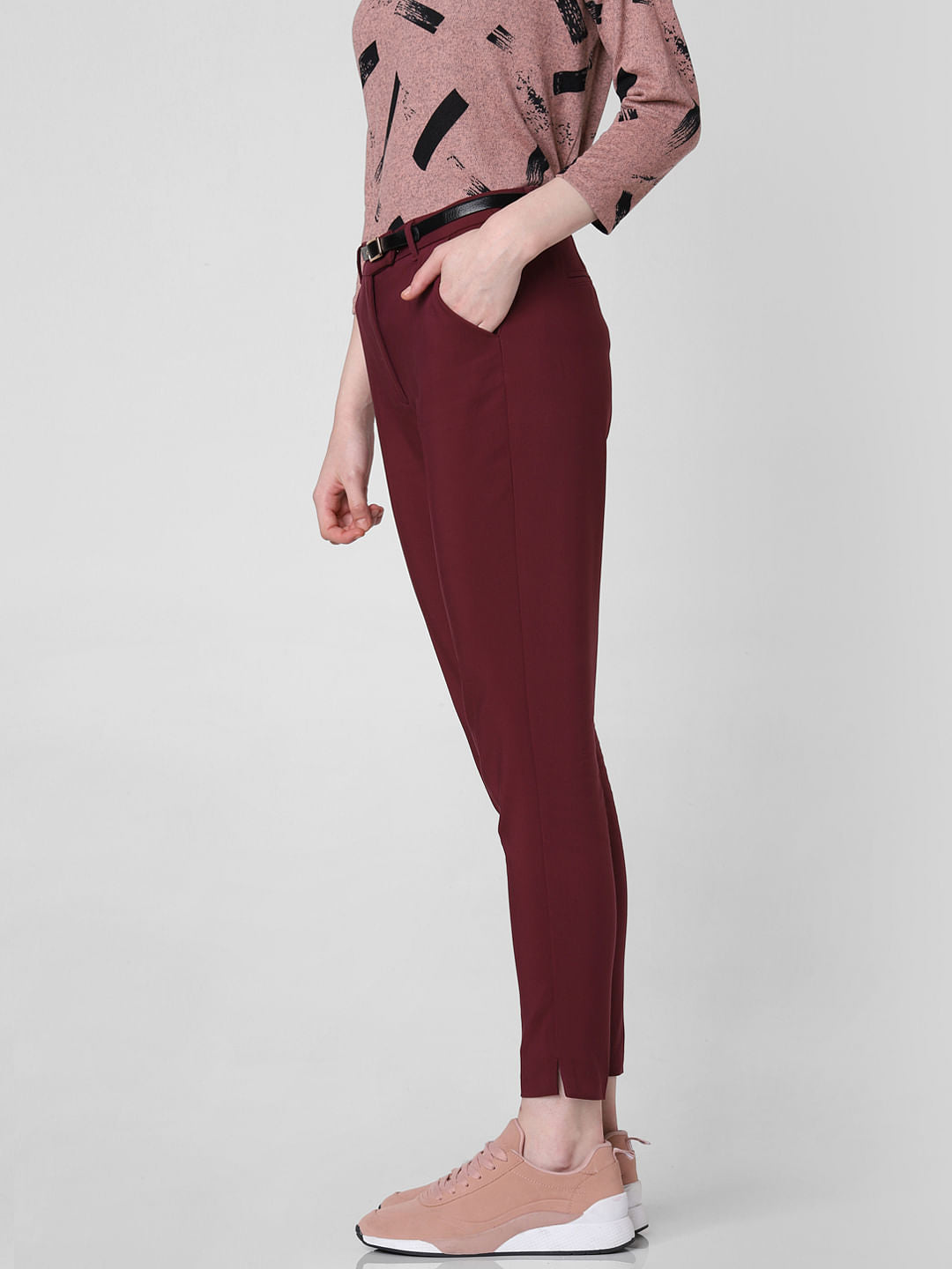 Burgundy Mid Rise Slim Trousers