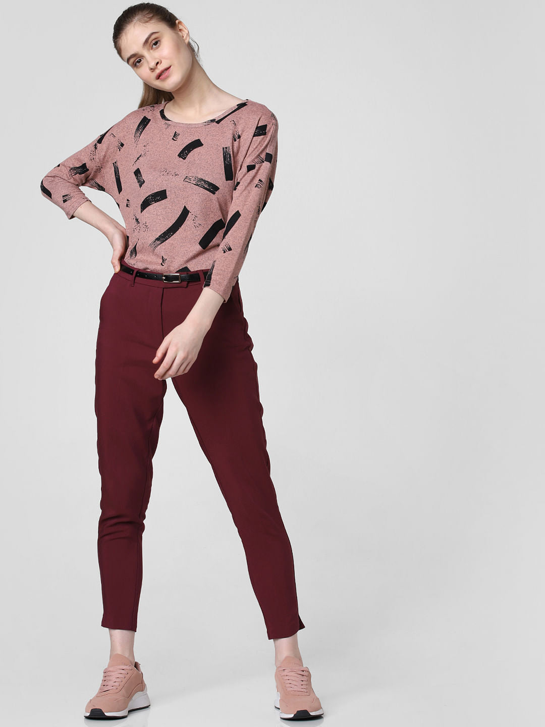 Burgundy Mid Rise Slim Trousers