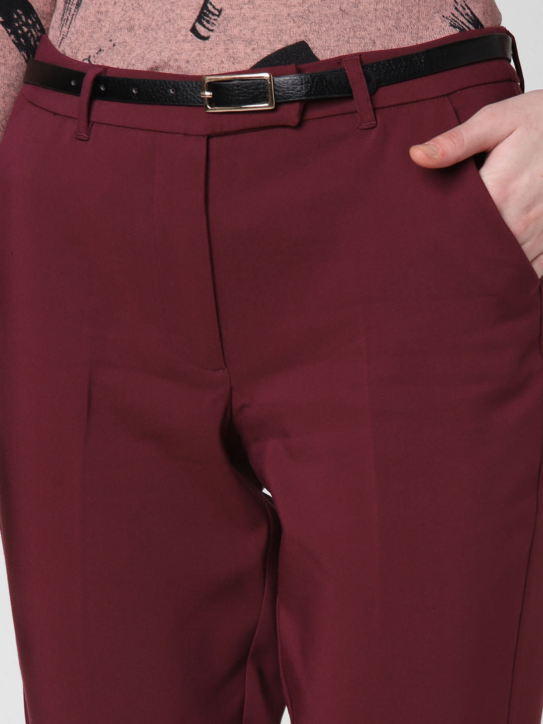 Burgundy Mid Rise Slim Trousers