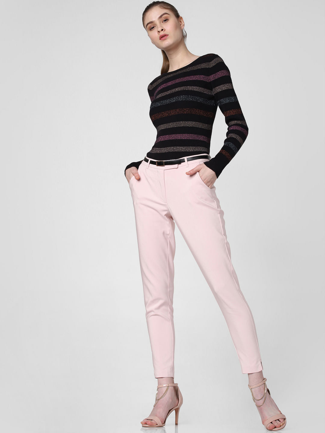 Pink Mid Rise Slim Trousers