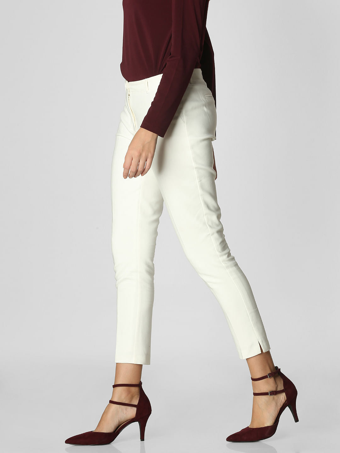 White Mid Rise Slim Trousers