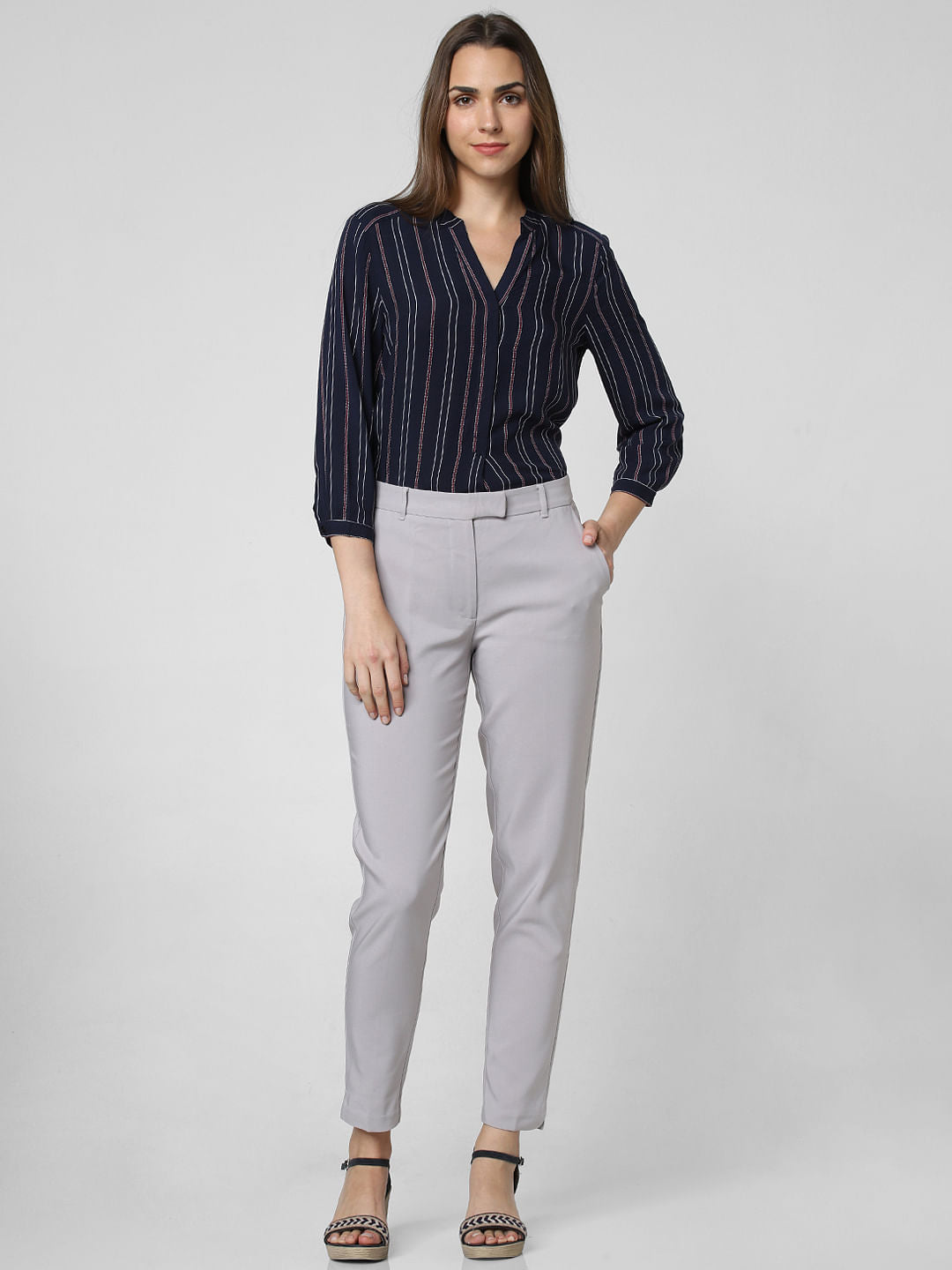 Grey Mid Rise Slim Trousers