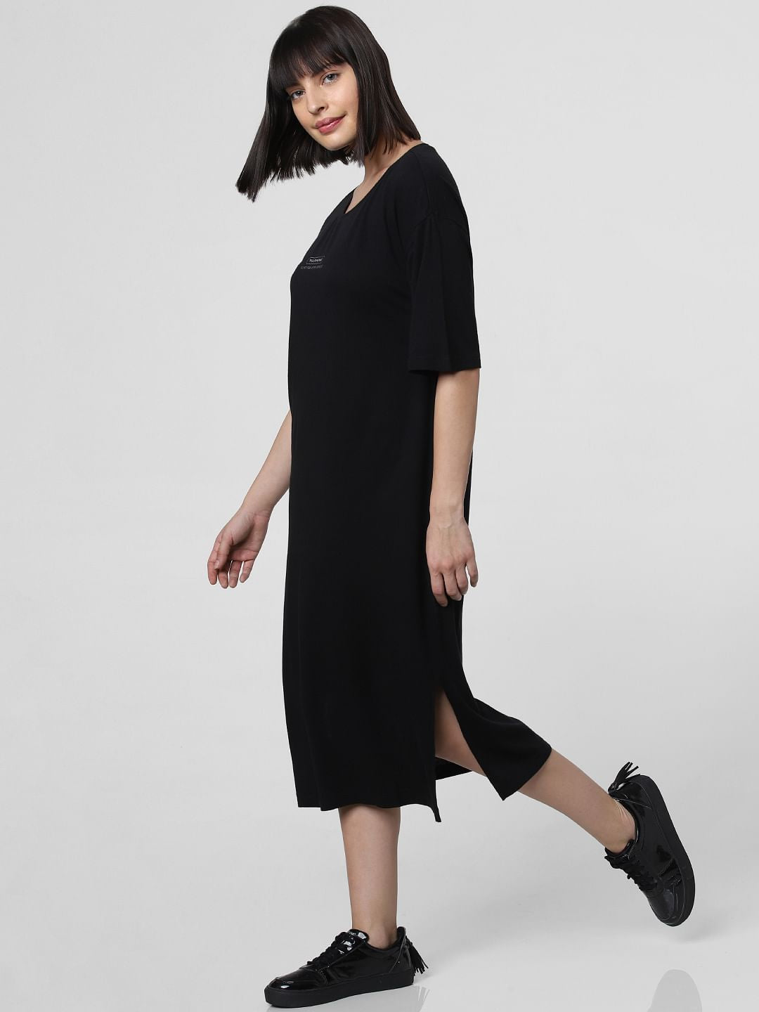 Black Text Print Midi Dress