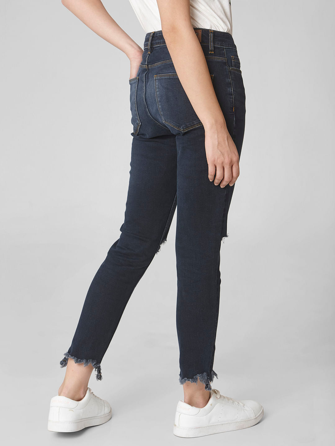Dark Blue Mid Rise Ripped Skinny Jeans