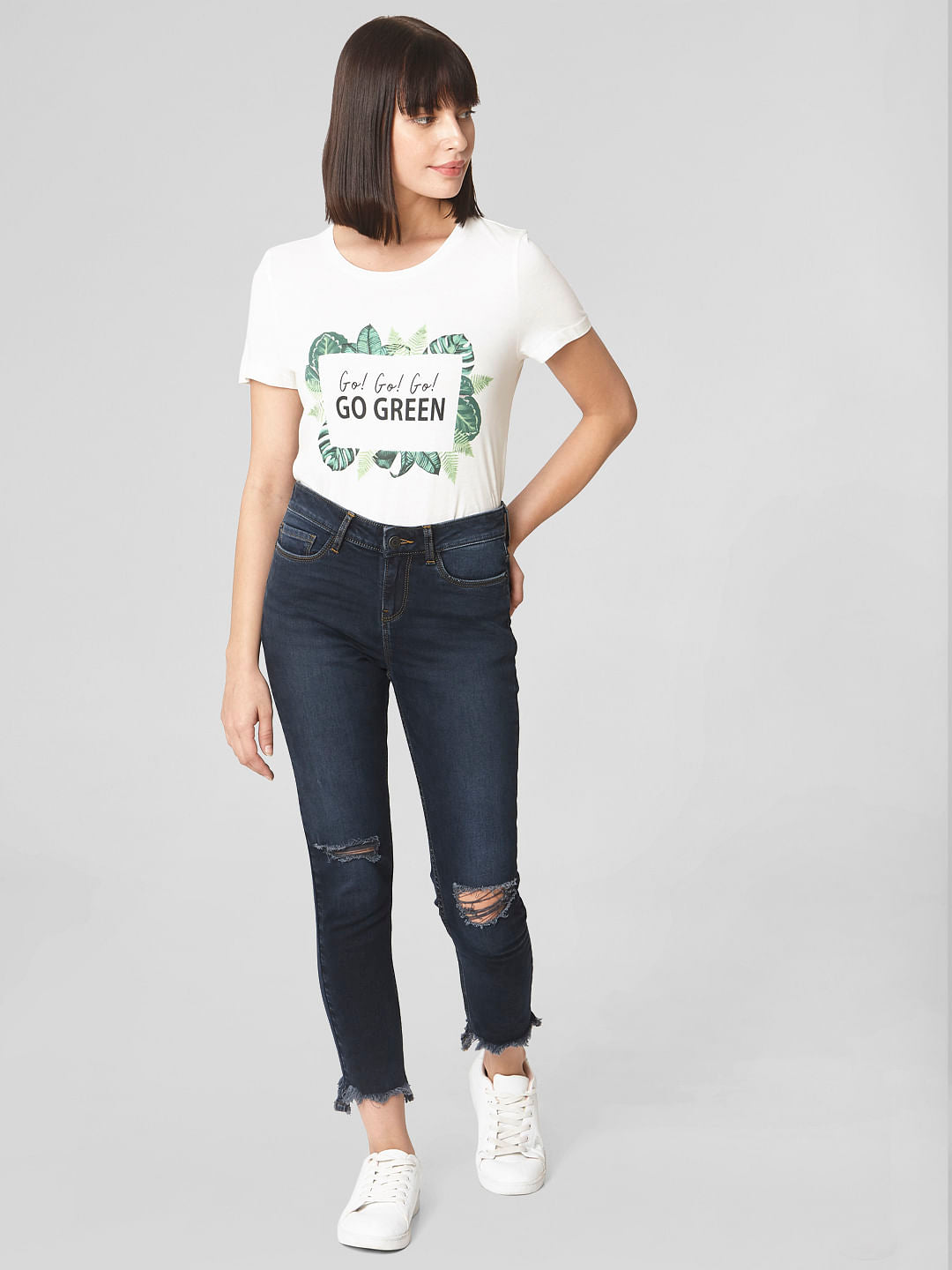 Dark Blue Mid Rise Ripped Skinny Jeans