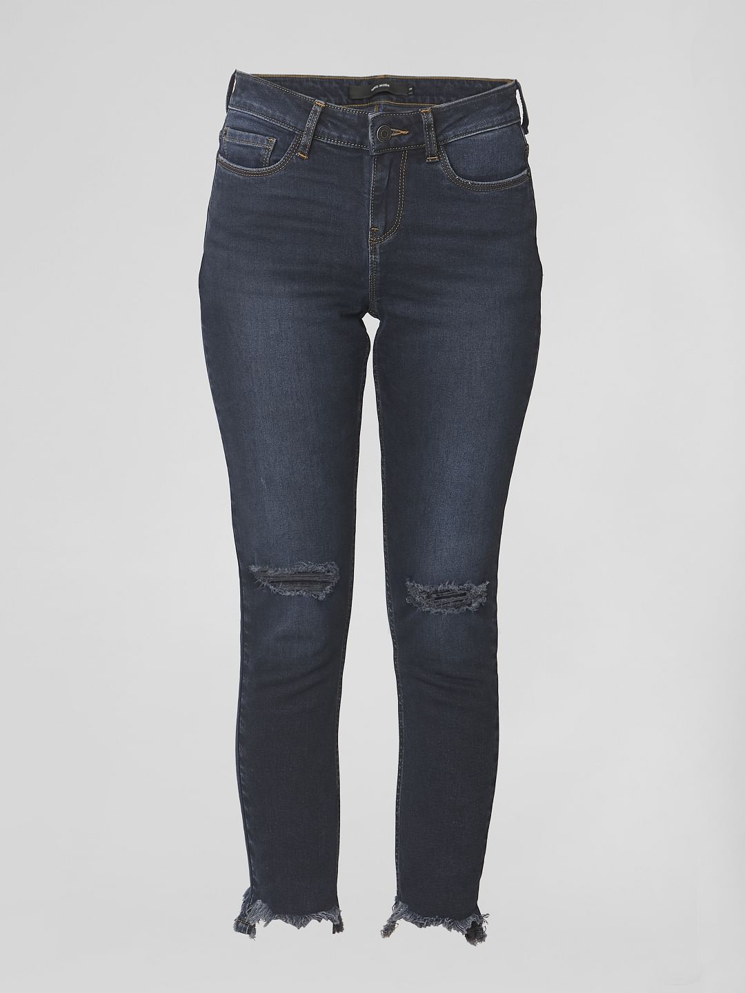 Dark Blue Mid Rise Ripped Skinny Jeans