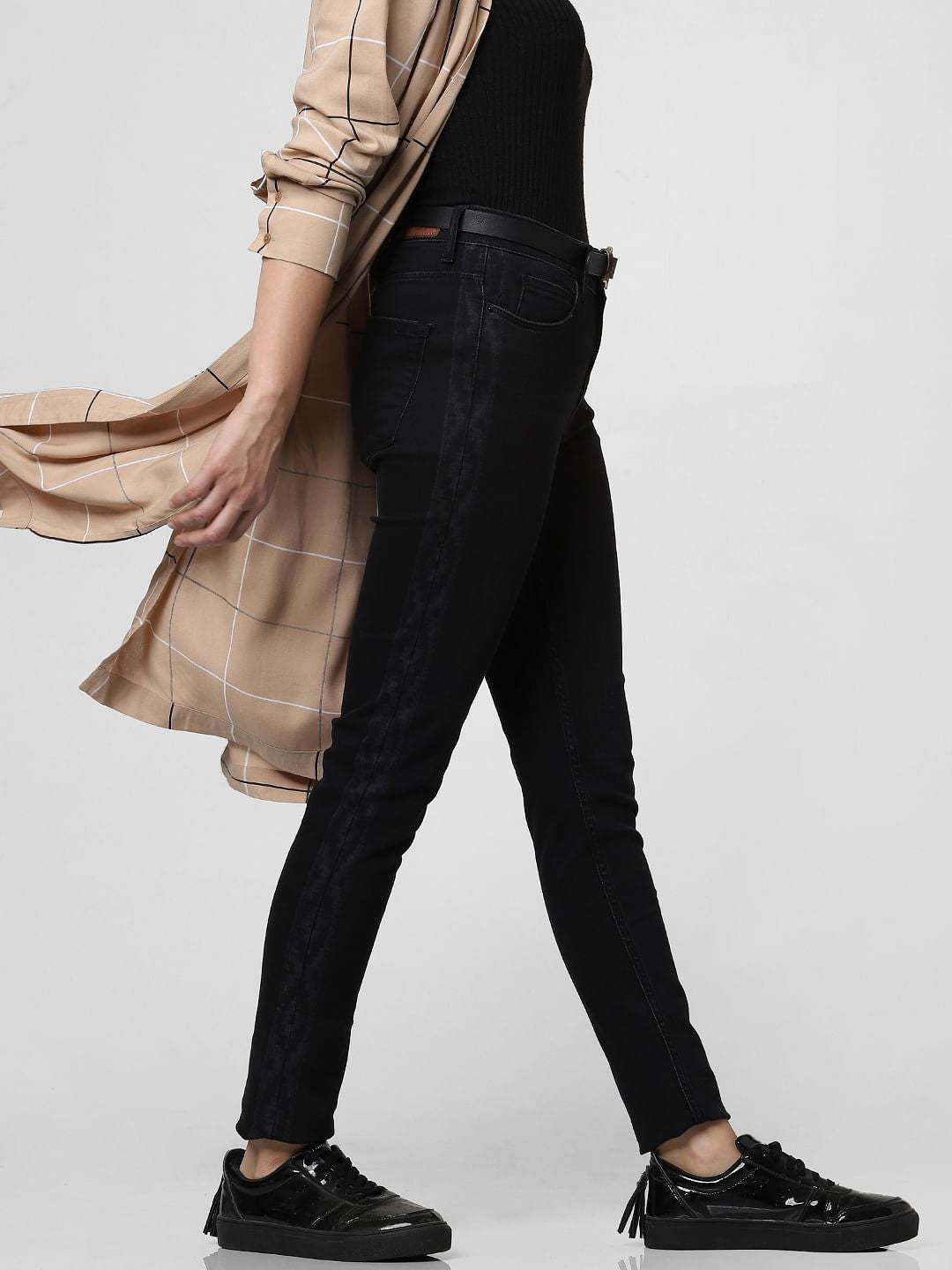 Dark Grey Mid Rise Tape Detail Skinny Jeans