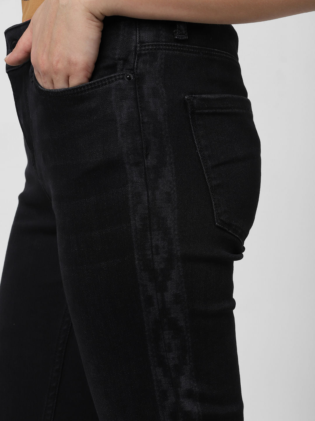 Dark Grey Mid Rise Tape Detail Skinny Jeans