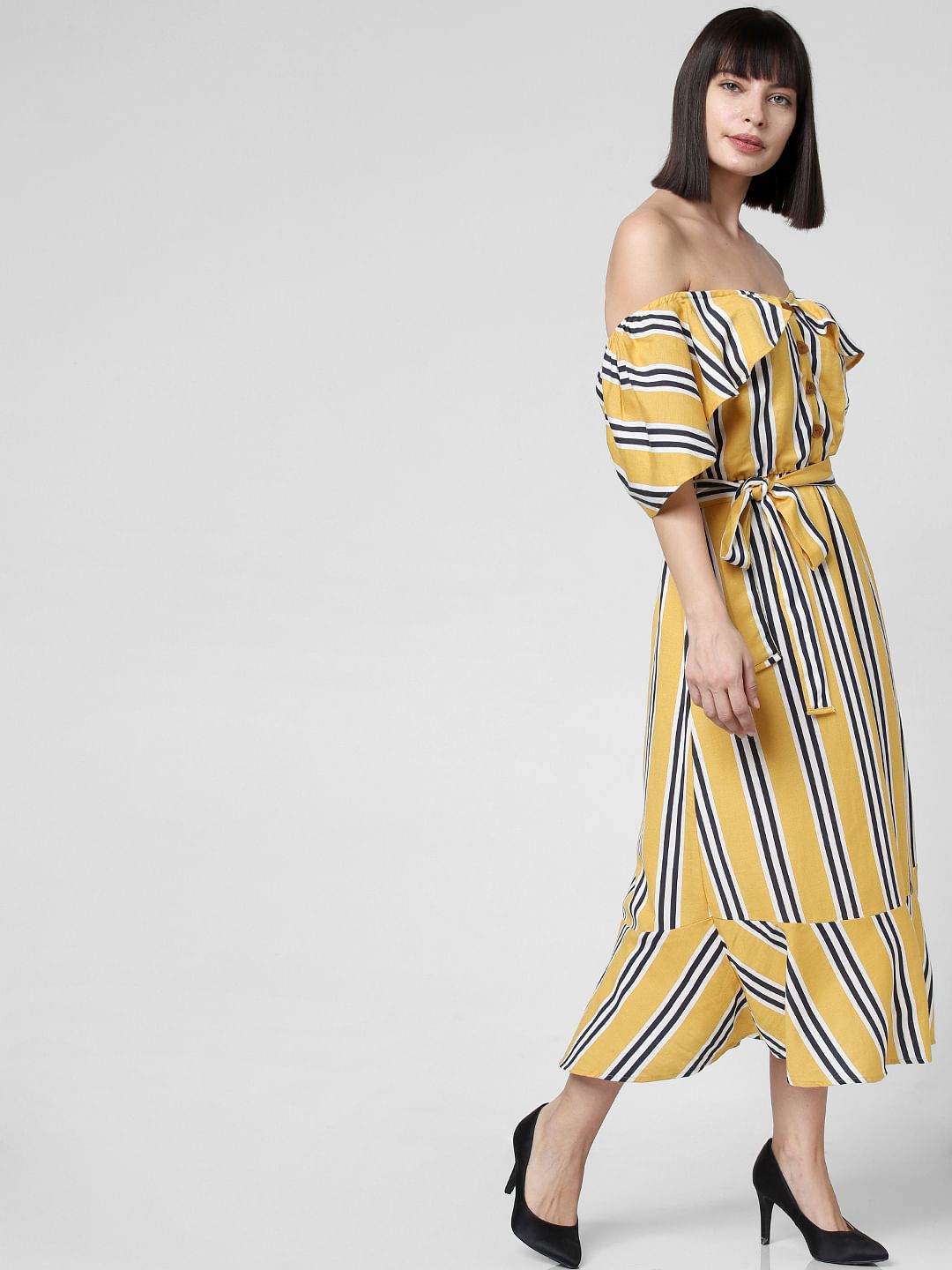 Yellow Striped Off-Shoulder Dress