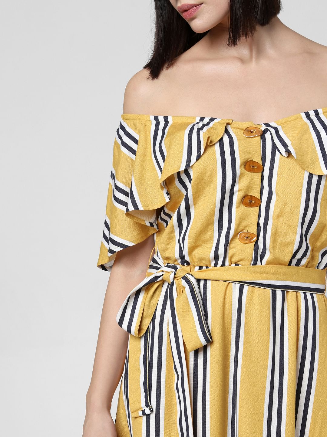 Yellow Striped Off-Shoulder Dress
