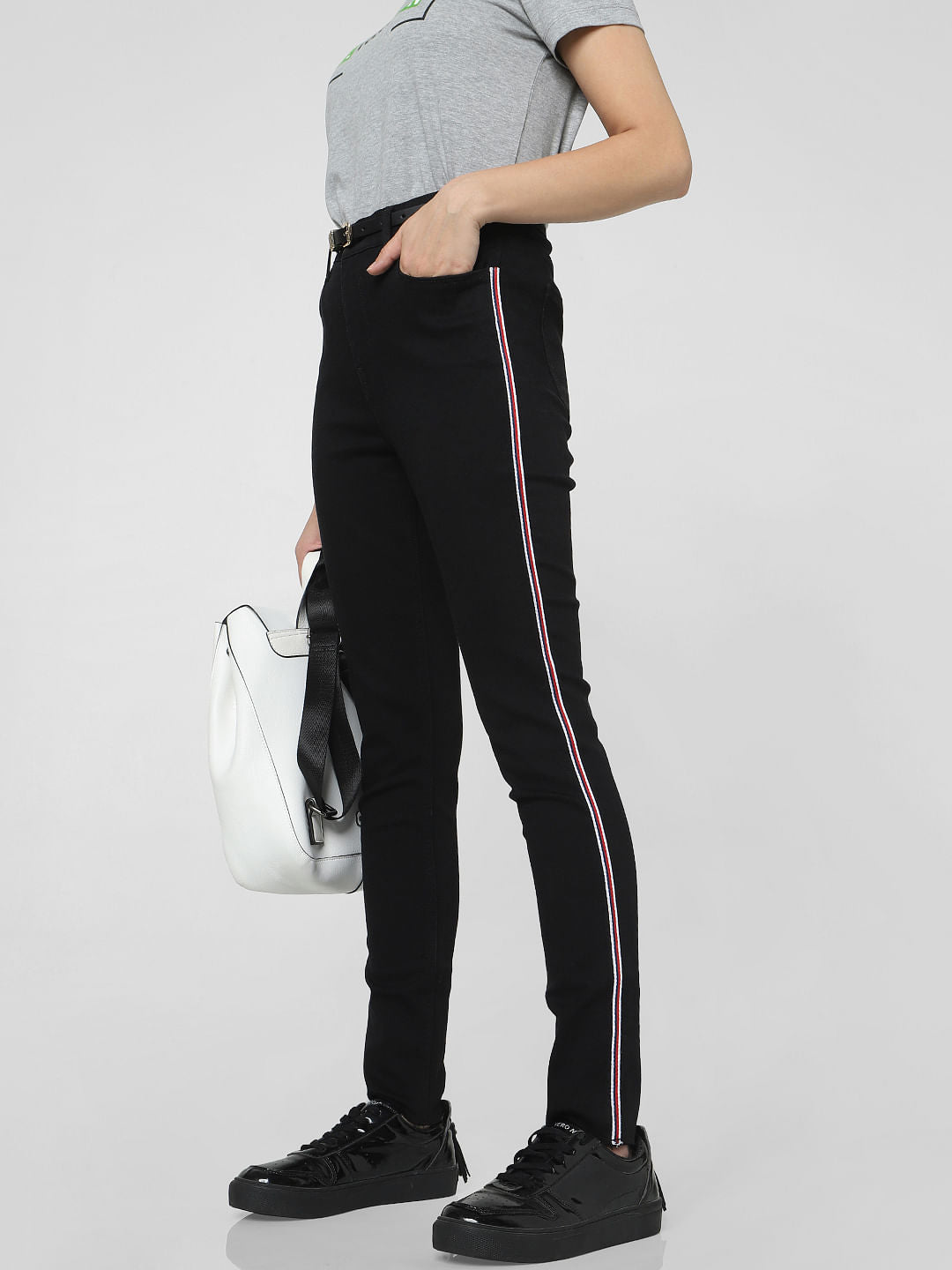 Black High Rise Tape Detail Skinny Fit Jeans