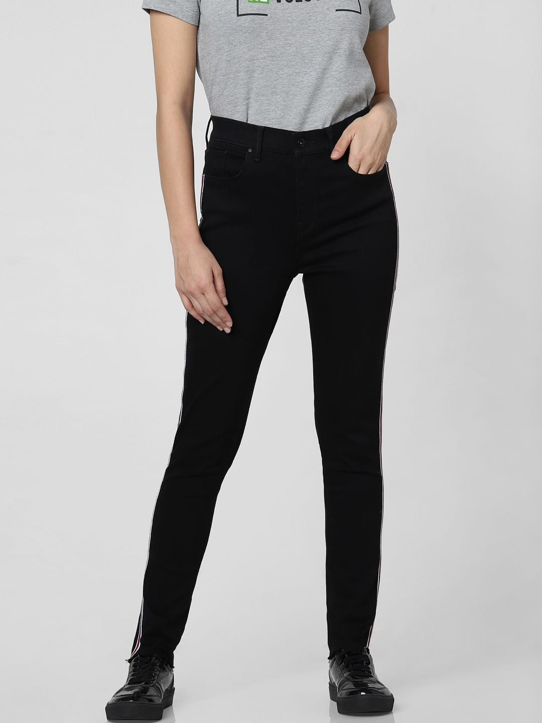 Black High Rise Tape Detail Skinny Fit Jeans