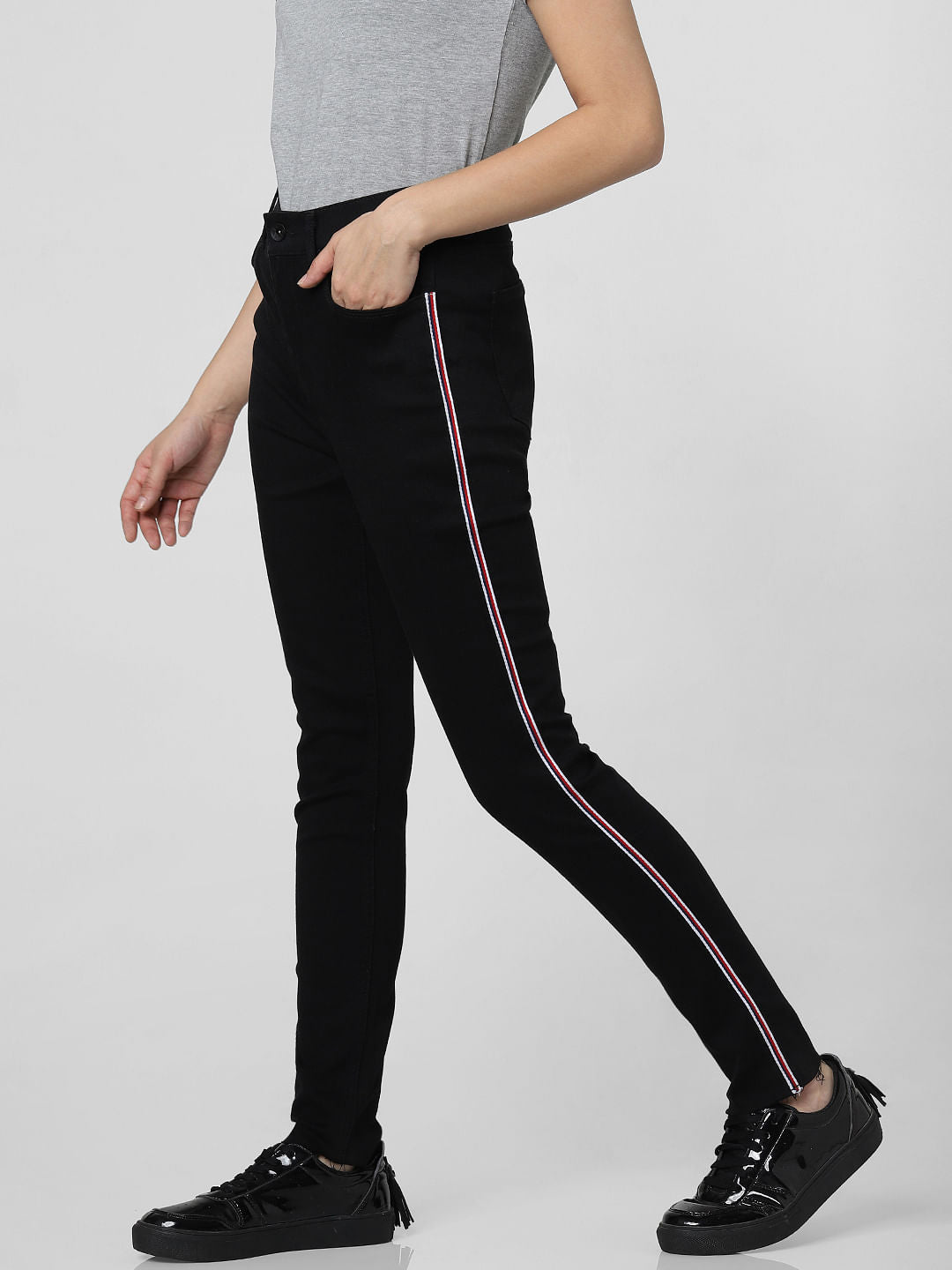 Black High Rise Tape Detail Skinny Fit Jeans