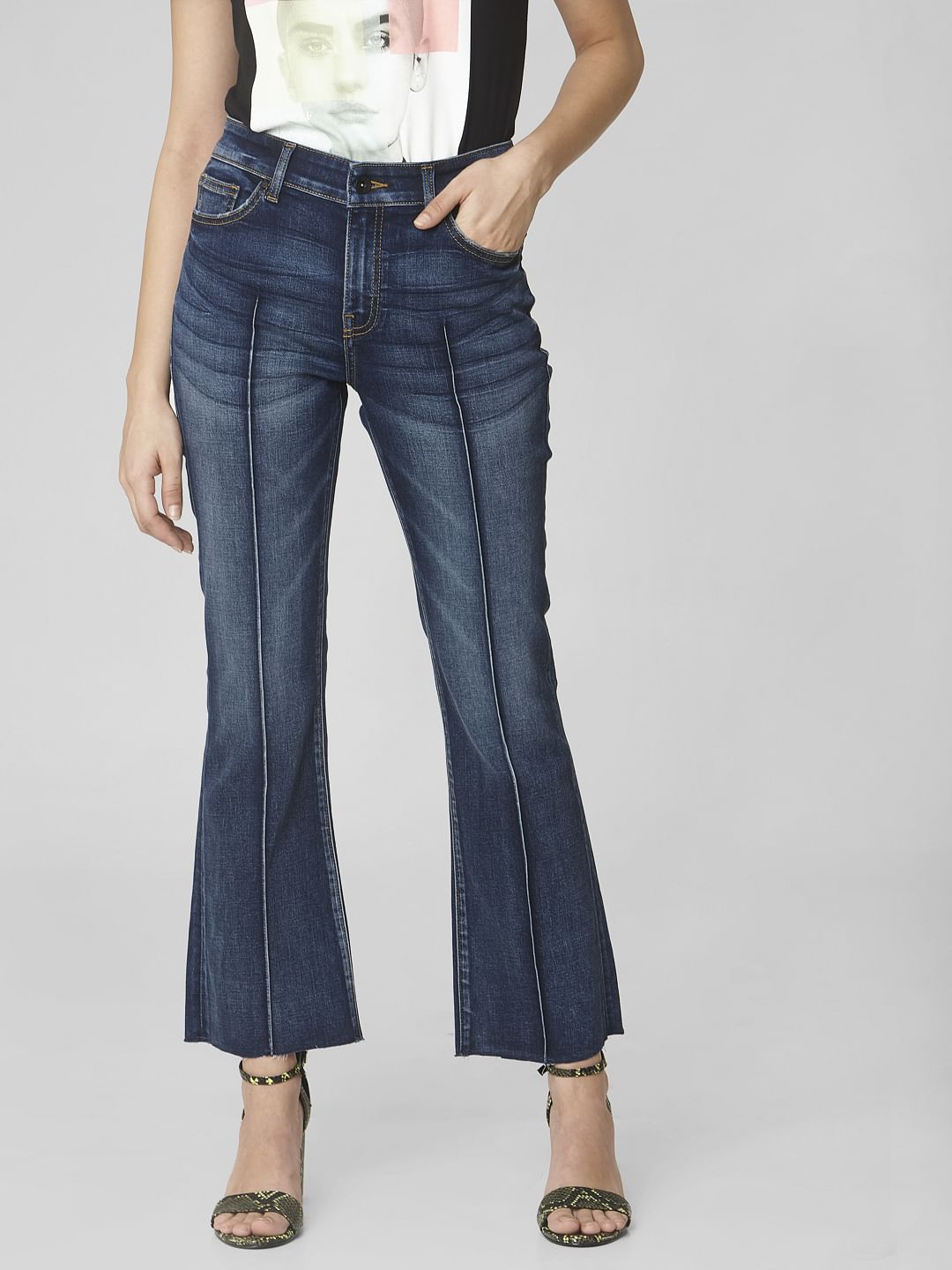 Blue Mid Rise Pin Tuck Boot Cut Jeans