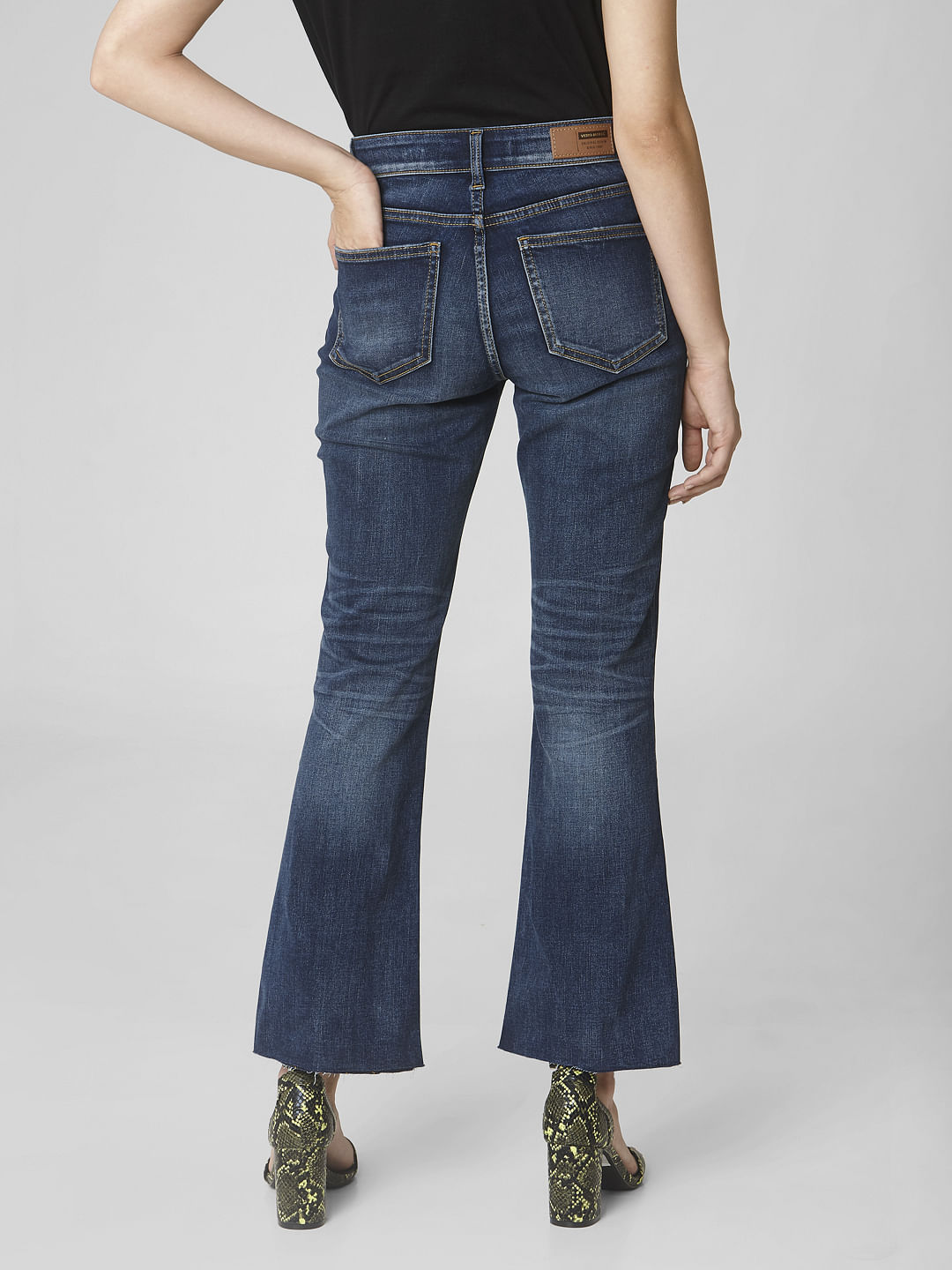 Blue Mid Rise Pin Tuck Boot Cut Jeans